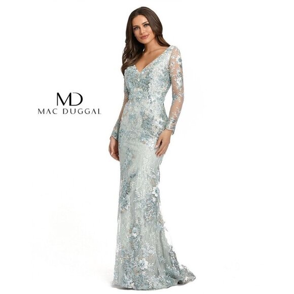 Mac Duggal Size 18 Green Embellished 67539 V-Neck Long Sleeve Formal Gown dress
